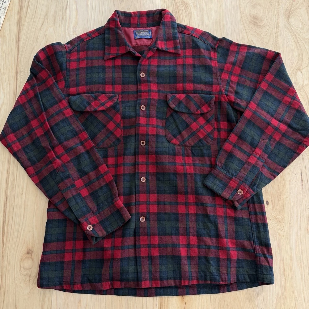 Vintage 70s Pendleton Board Shirt Mens M Virgin Wool Plaid Loop Collar Near Mint